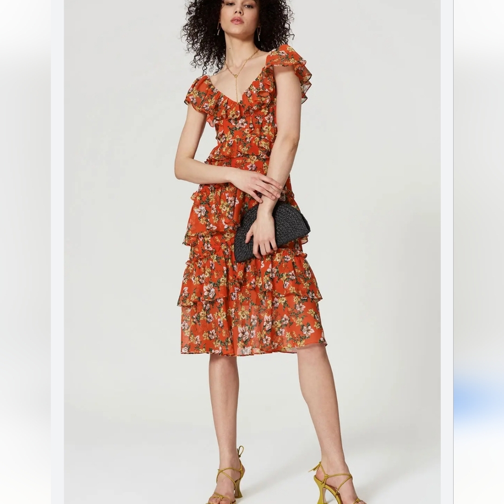 Marissa Webb Orange Floral Ruffle Tiered Midi Dress